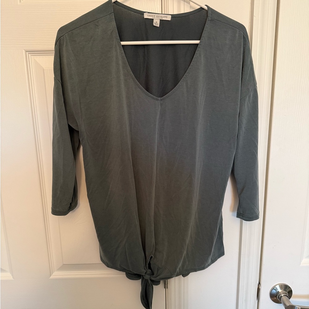 Green Envelope Olive Green V-Neck Tie-Front Tunic